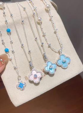 浅海蓝屿！蓝色锆石方形吊坠花朵项链轻奢小众锁骨链高级感项饰女