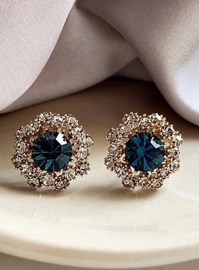 深蓝色锆石法式复古轻奢风耳钉小众气质高级感独特耳饰2025火爆款
