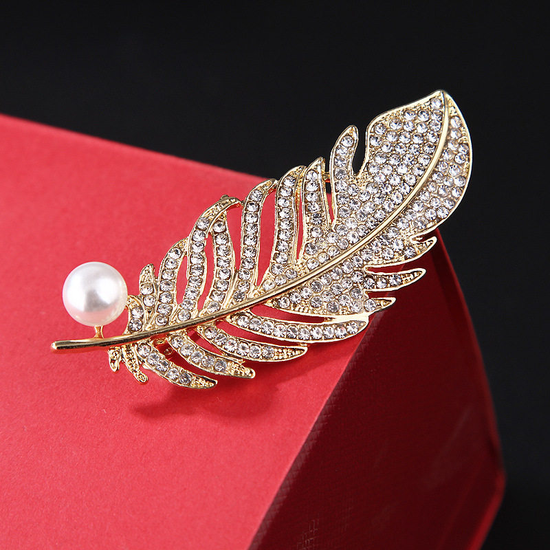 蓝豪欧美时尚环保合金水钻合金羽毛叶子保色胸针配饰男女brooch