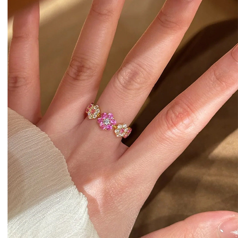 14k真金电镀粉色锆石花朵开口戒指小众高级感食指戒甜美风手饰女