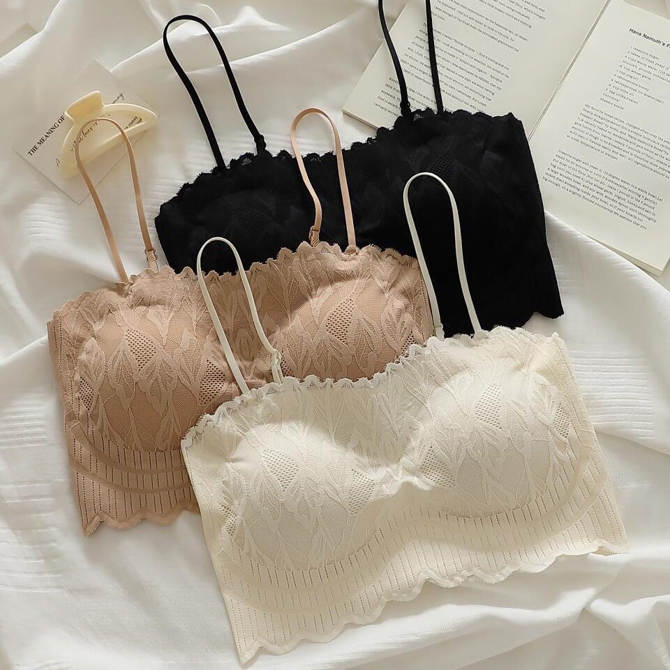 无痕蕾丝美背固定杯细肩带一体杯带胸垫内搭抹胸吊带冰丝美背文胸