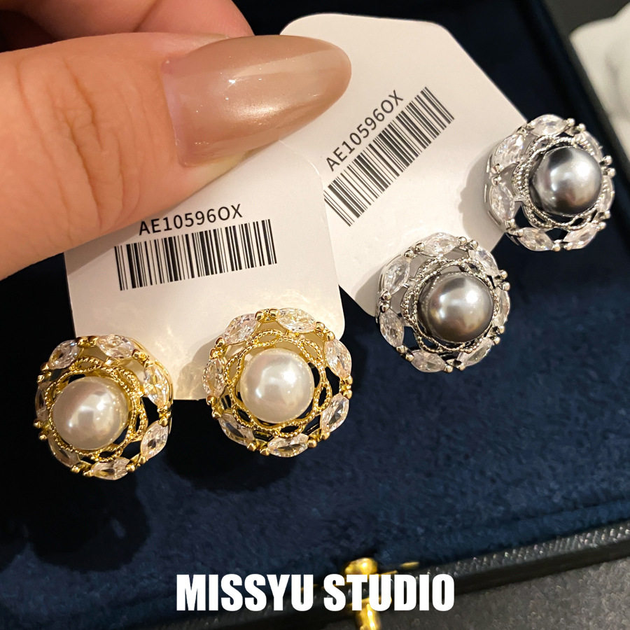 圆韵温婉！银针锆石花朵珍珠耳钉复古轻奢风耳环轻奢高级感耳饰女