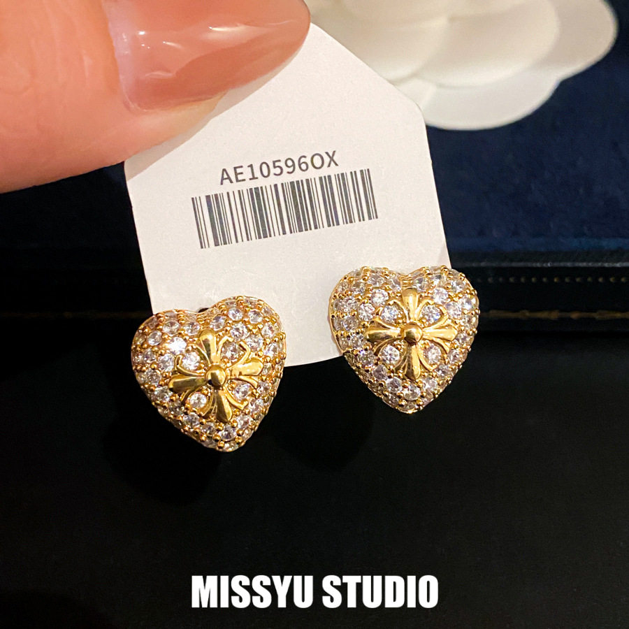金心钻序!14k真金电镀锆石爱心耳钉精致甜酷风耳环耳饰女高级感