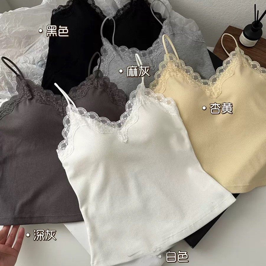 新款V领蕾丝花边吊带背心细肩带中长款美背背心女内搭显瘦固定杯