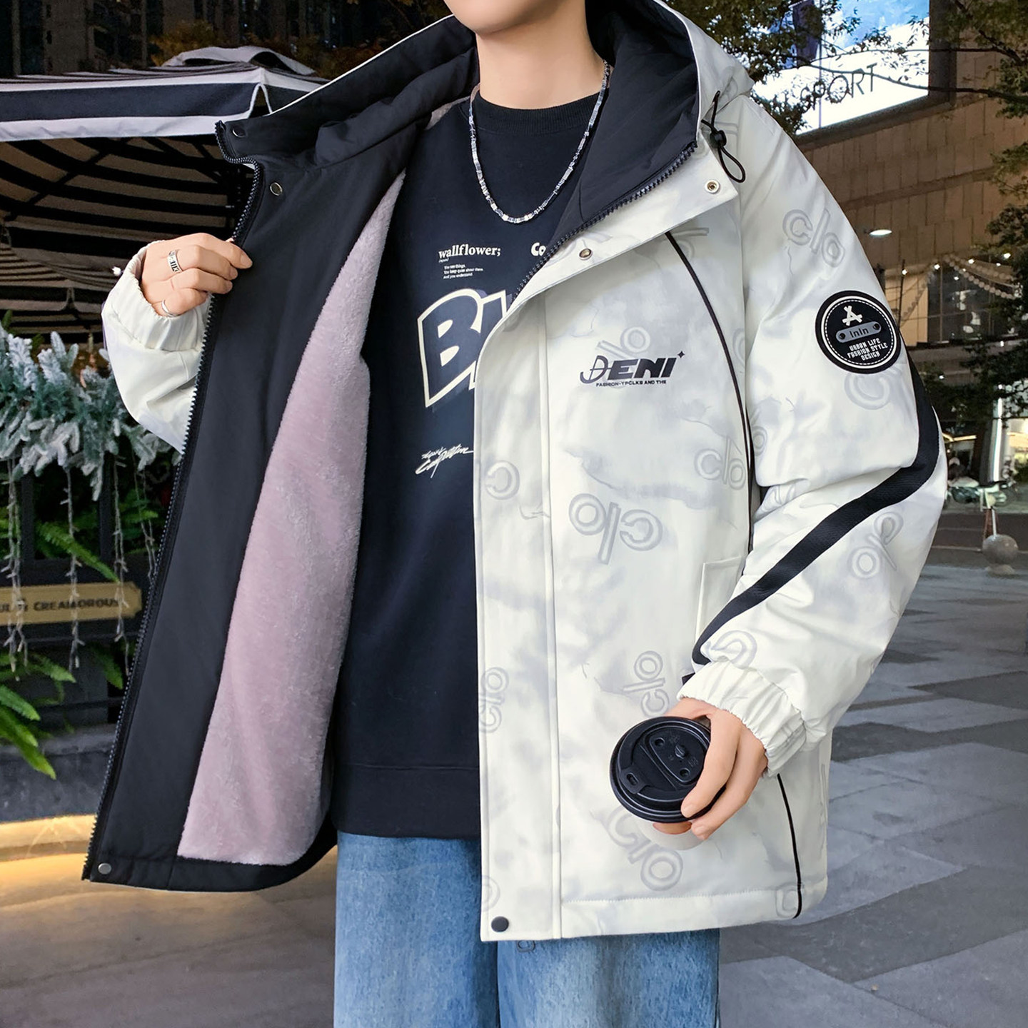 外套男生秋冬季新款加绒夹克青少年加厚连帽保暖棉衣服男装士潮牌