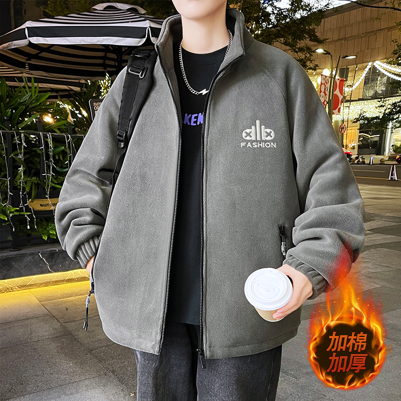 摇粒绒外套男秋冬季青少年加绒加厚夹克男款大学生防寒保暖棉衣服