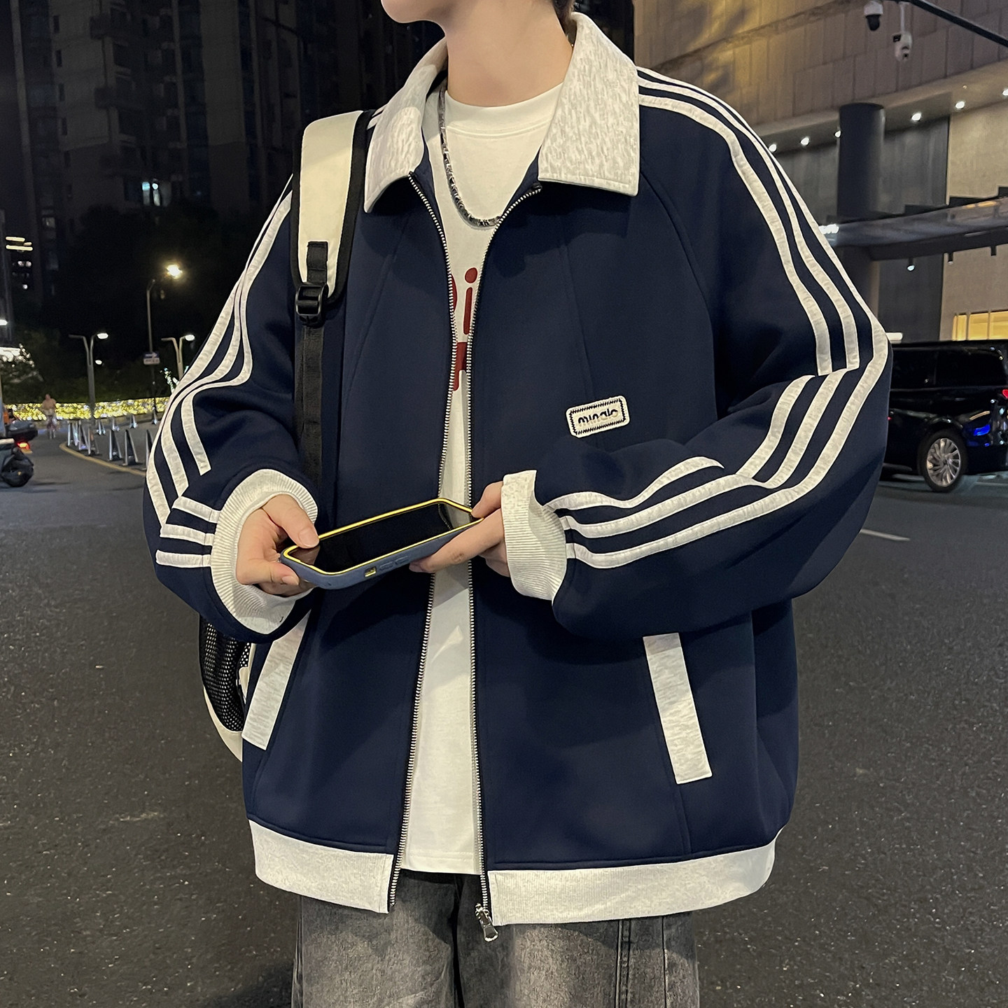 秋季新款撞色条纹翻领上衣夹克男生美式潮流宽松休闲百搭印花外套