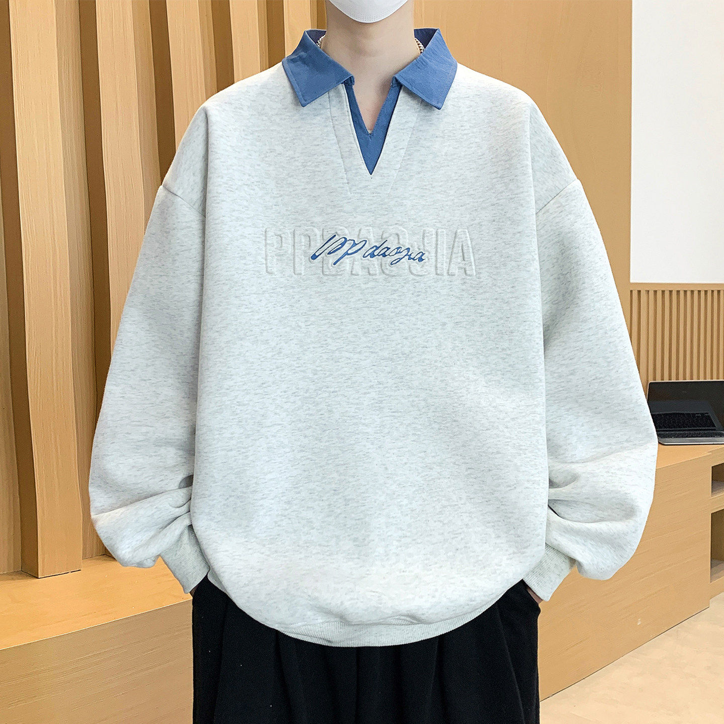 polo领卫衣男生春秋季新款青少年假两件初高中学生大童上衣服潮流