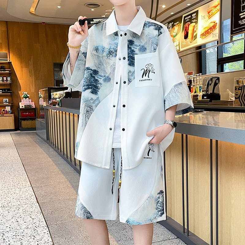 新中式短袖衬衫男生夏季新款青少年帅气冰丝套装男装士衬衣服国潮