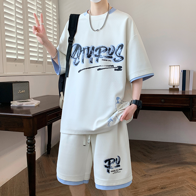 青少年夏季新款短袖t恤男孩12-15岁初中学生大童男装运动套装潮13