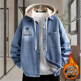 假两件连帽牛仔外套男生秋冬季新款学生加绒加厚青少年夹克上衣服