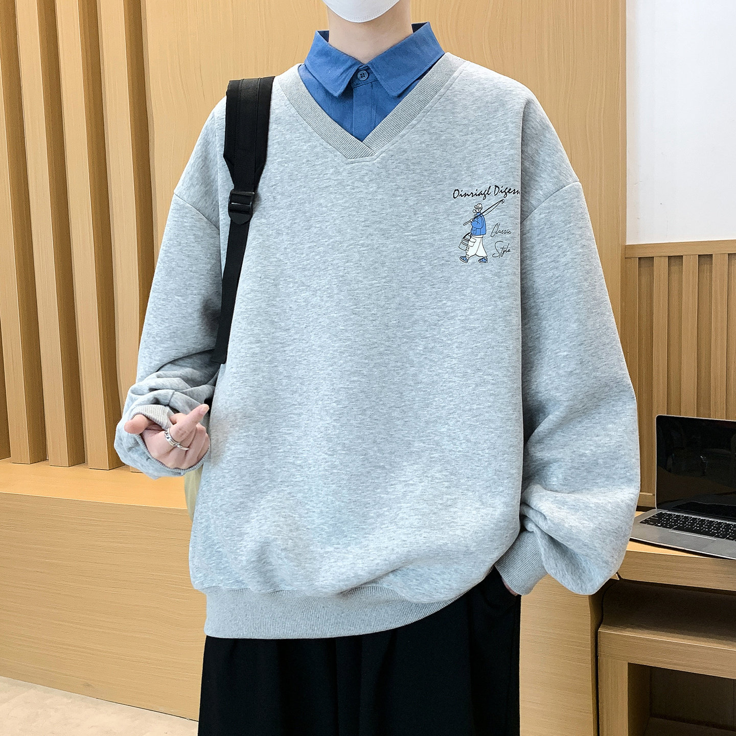 假两件polo衫卫衣男生春秋季新款初中学生上衣服男装青少年打底衫