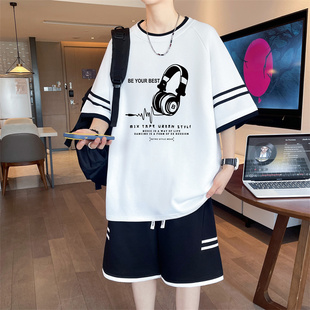 短袖t恤套装男生夏季新款青少年透气宽松半袖运动休闲篮球衣服潮