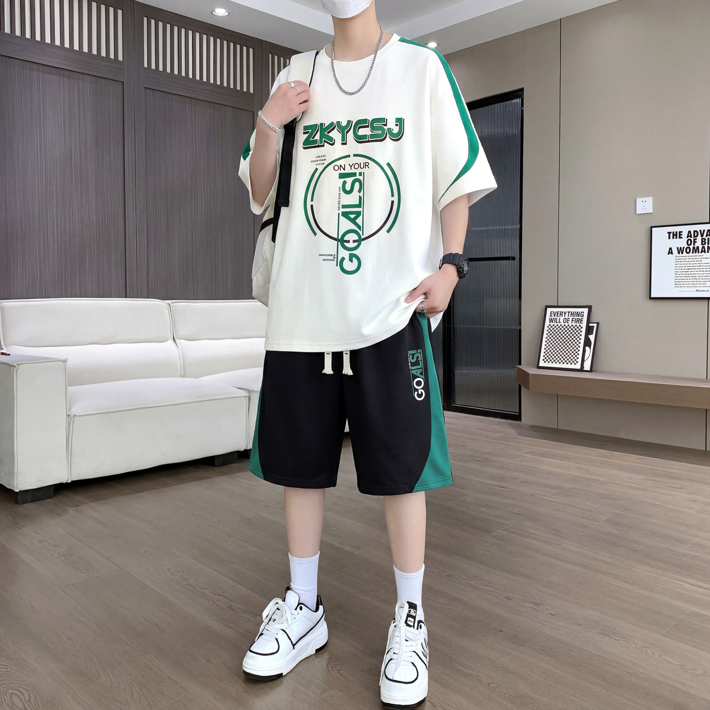 冰丝短袖t恤男孩夏季新款初中学生青少年短裤休闲运动套装男装潮