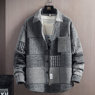 外套男装 格子衬衫 新款 夹克男春秋季 士青少年潮牌帅气潮流上衣服 式