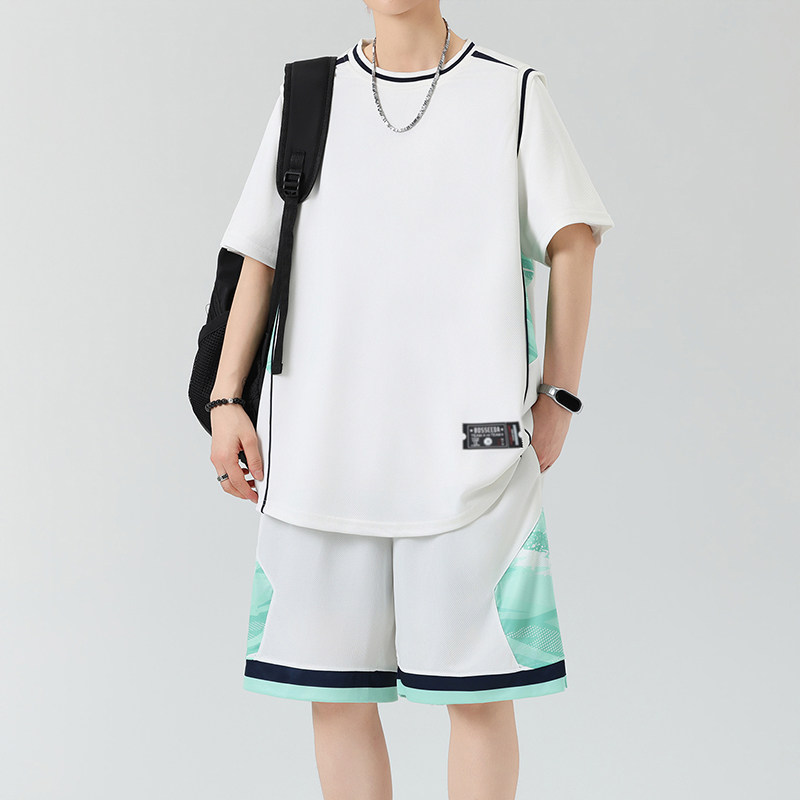 夏季男生运动套装短袖短裤薄款潮流篮球服圆领宽松透气凉感两件套