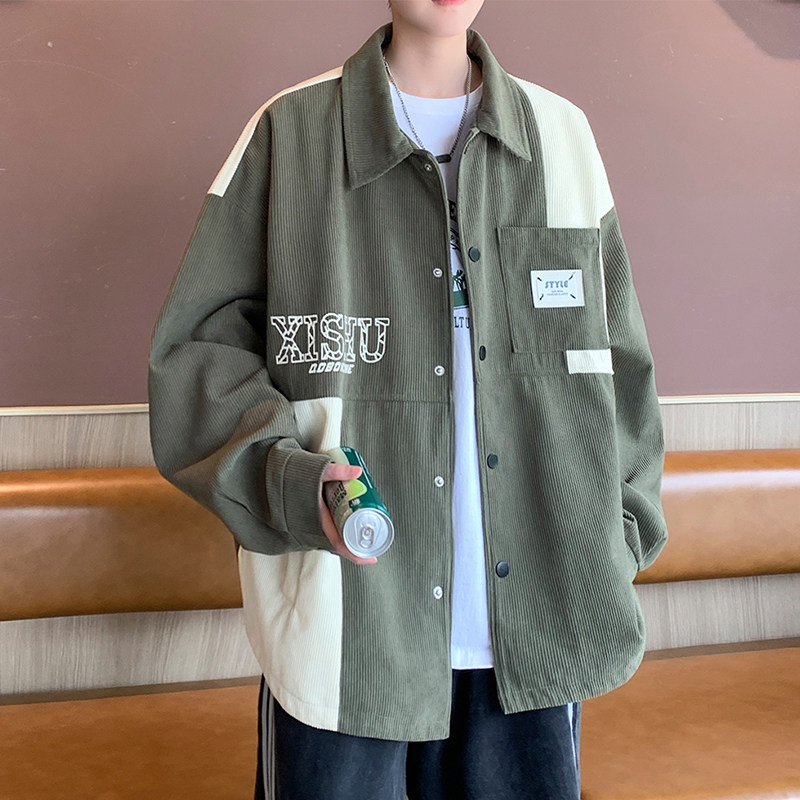 灯芯绒翻领夹克男生春秋季新款美式衬衫外套青少年休闲宽松上衣服