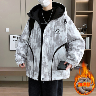 秋冬季新款外套男孩初中高中学生加绒加厚夹克青少年大童棉衣服潮