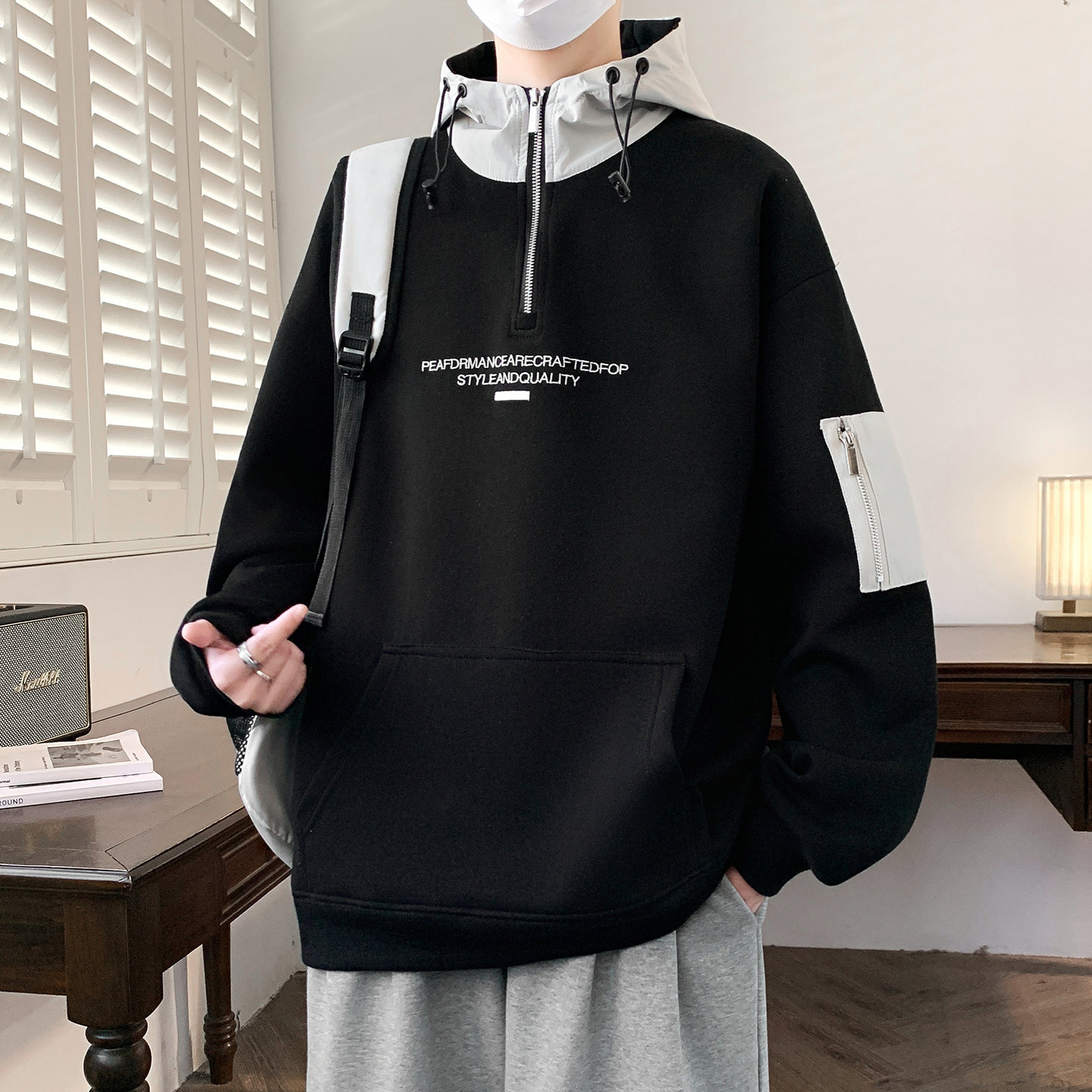 半拉链连帽卫衣男生春秋季新款青少年休闲长袖t恤打底衫上衣男装