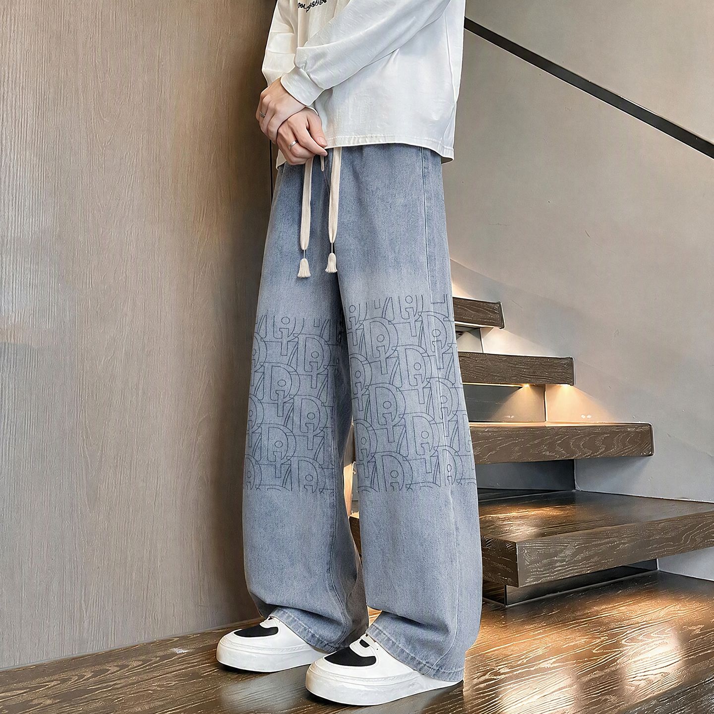 不起球不褪色宽松男装牛仔长裤子