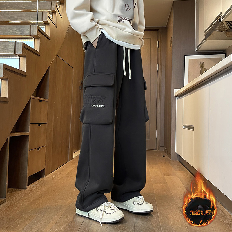秋冬季工装长裤子男生青少年初高中学生运动休闲加绒加厚卫裤男装