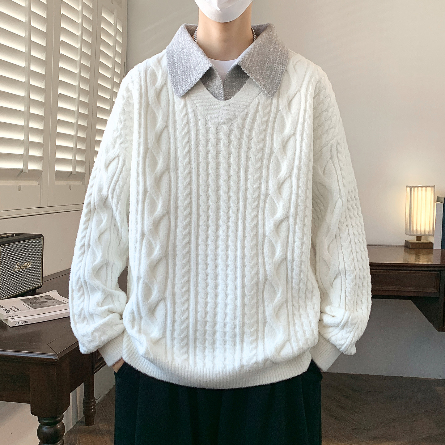 假两件毛衣男秋冬季新款潮牌青少年打底针织衫线衣加厚保暖上衣服