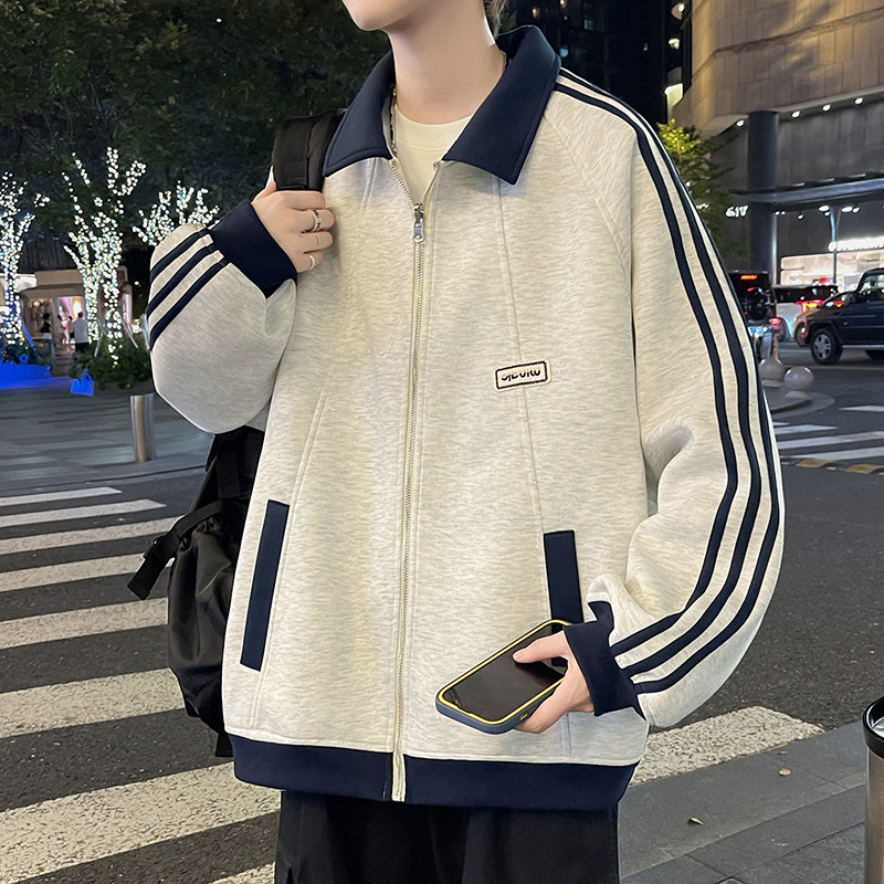 春秋季新款撞色条纹翻领青少年夹克男生美式宽松休闲外套潮上衣服