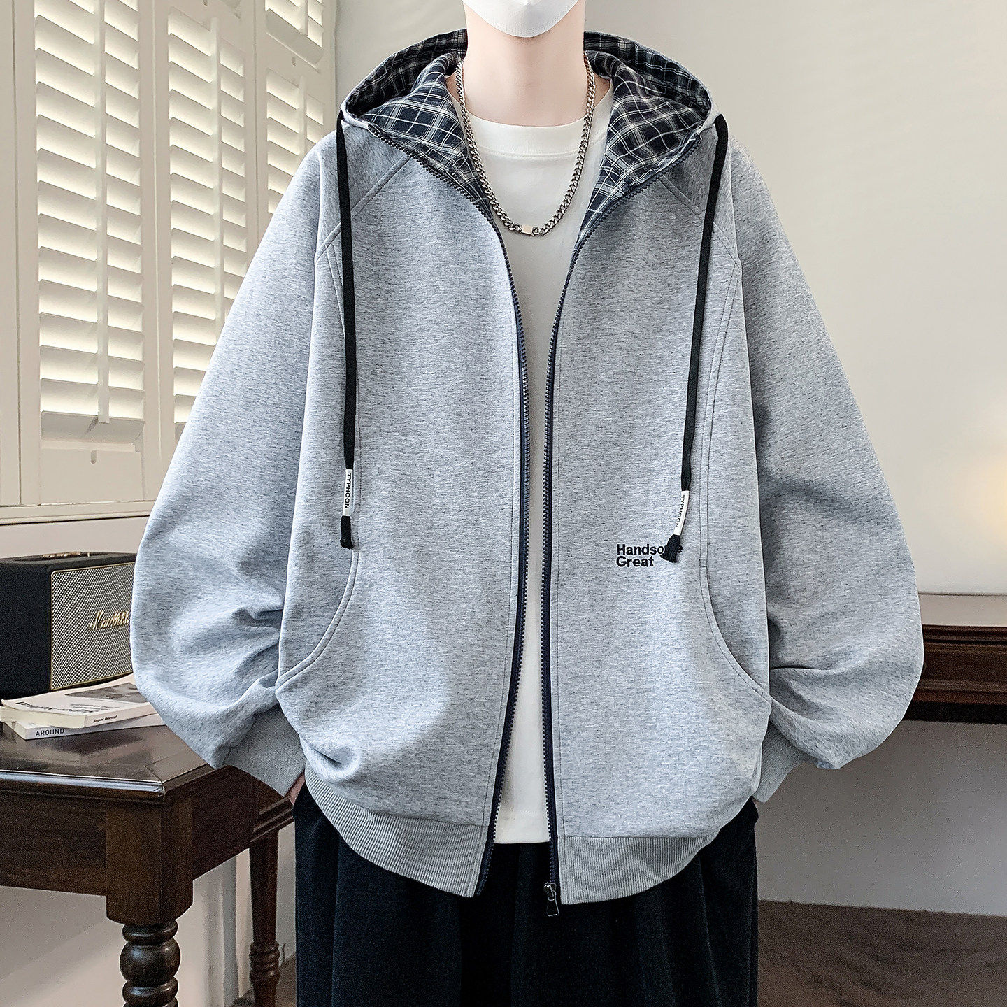 春秋季新款外套男孩初中高中学生帅气开衫卫衣男装青少年大童潮牌