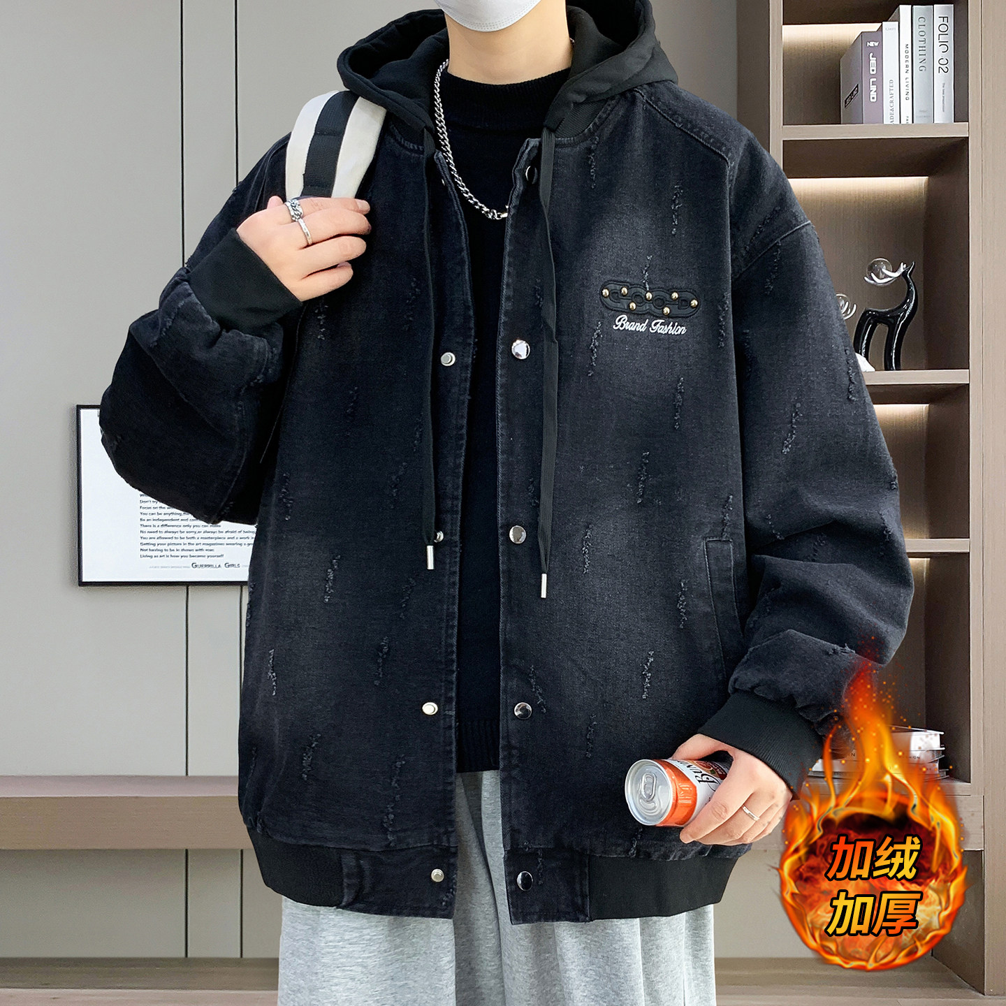 秋冬新款牛仔外套男生加绒加厚夹克青少年大学生潮牌棉衣服男装士