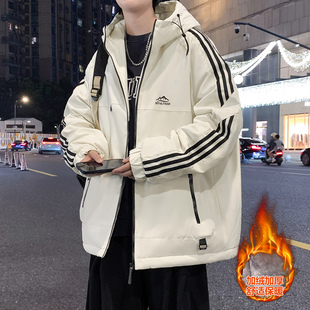 秋冬季新款加绒加厚外套男生大学生连帽夹克青少年宽松冲锋衣男装