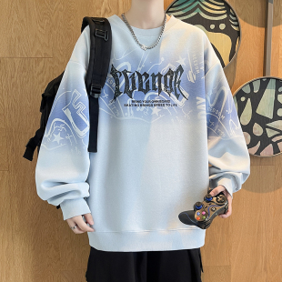 新款 宽松卫衣男孩圆领春秋季 长袖 t恤男装 美式 青少年打底衫 落肩袖