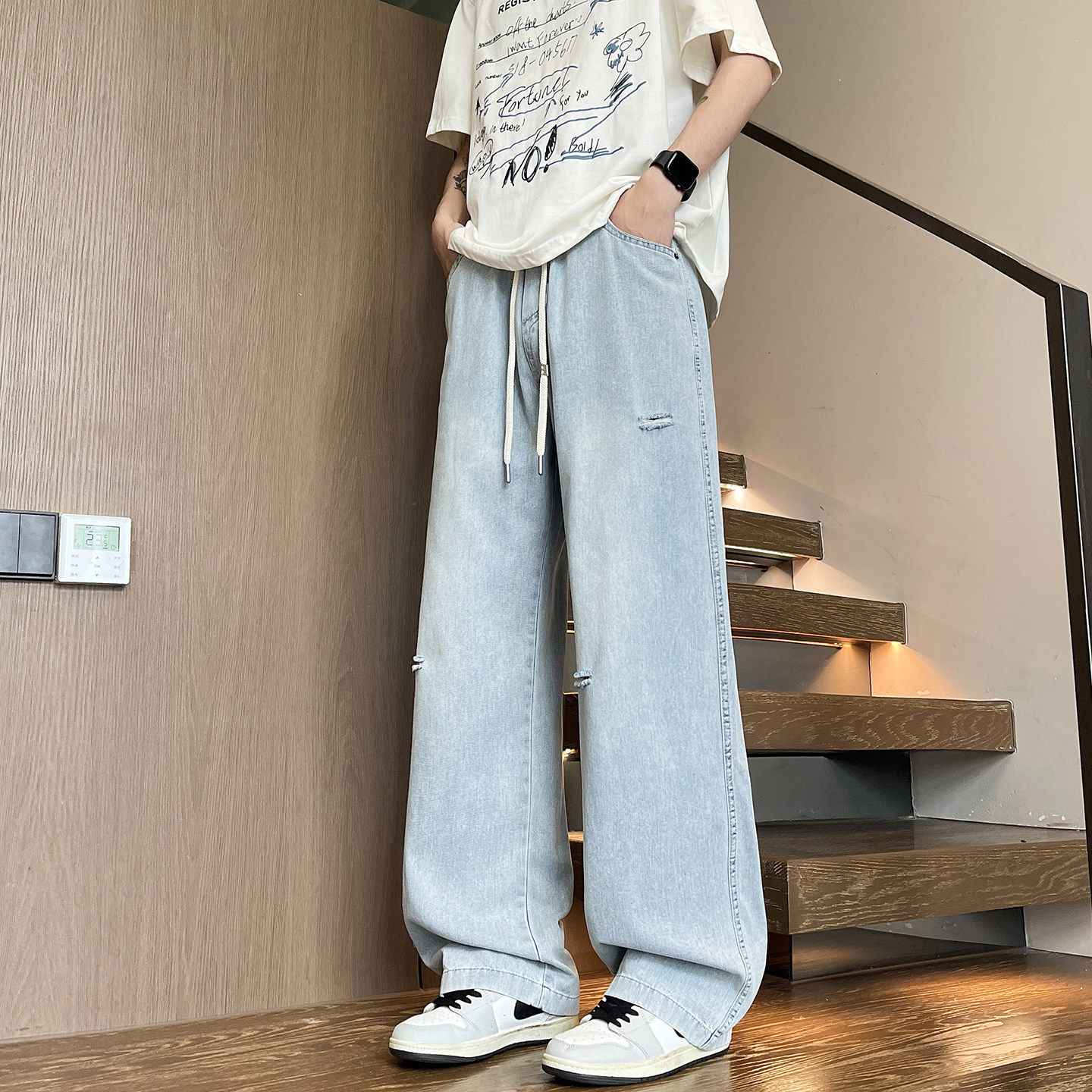 夏季薄款牛仔长裤男生宽松直筒凉感青少年阔腿休闲裤子男装士潮牌