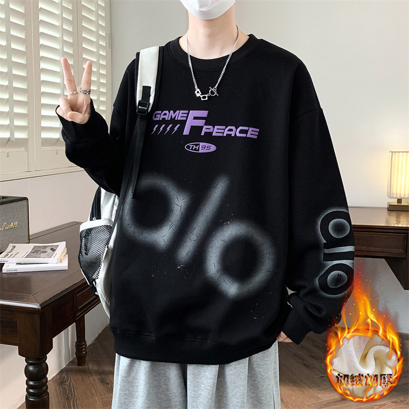 加绒加厚卫衣男生秋冬季新款学生休闲宽松长袖t恤上衣青少年潮牌