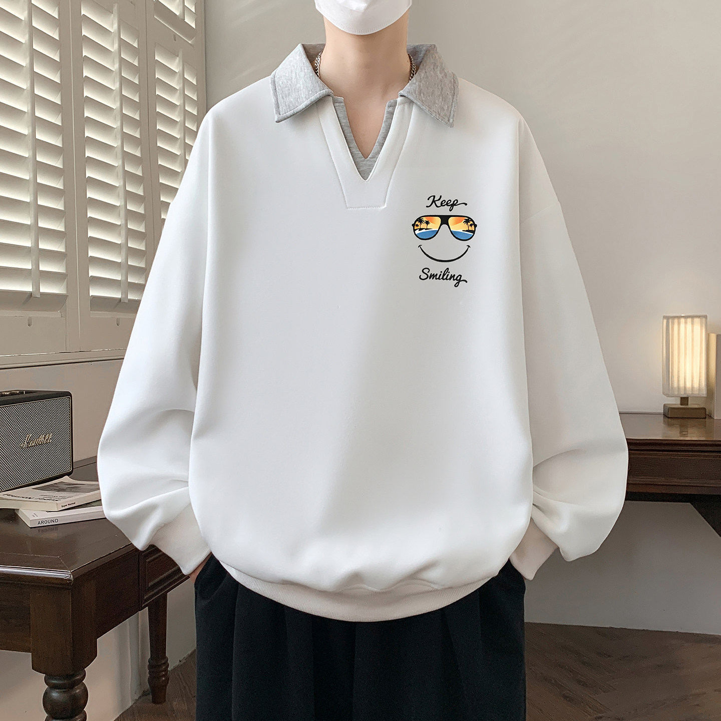 假两件翻领卫衣男生春秋季新款polo衫宽松长袖t恤上衣服青少年潮