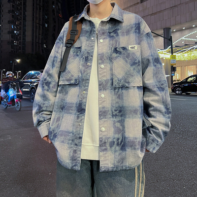 格子外套男春秋季新款青少年大学生牛仔夹克上衣服男装士休闲衬衫