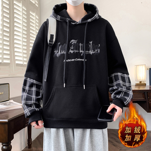 秋冬季新款加绒加厚卫衣男孩初中高中学生潮牌外套青少年大童保暖