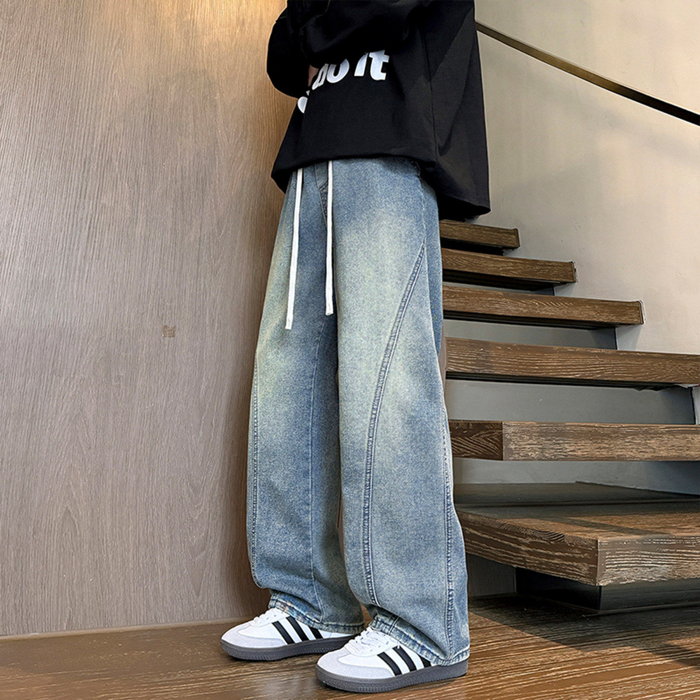 复古牛仔长裤子男生春秋季新款青少年阔腿直筒休闲宽松学生男装士