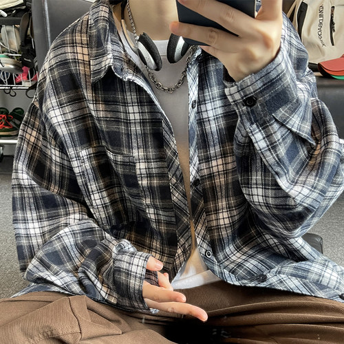 格子衬衫外套男生春秋季新款大学生青少年帅气衬衣服夹克男装士潮