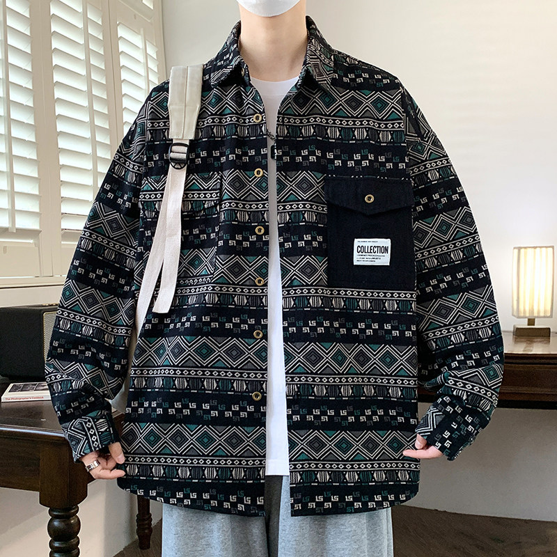 春秋季新款衬衫男青少年初高中学生帅气潮牌潮流衬衣服男装士外套