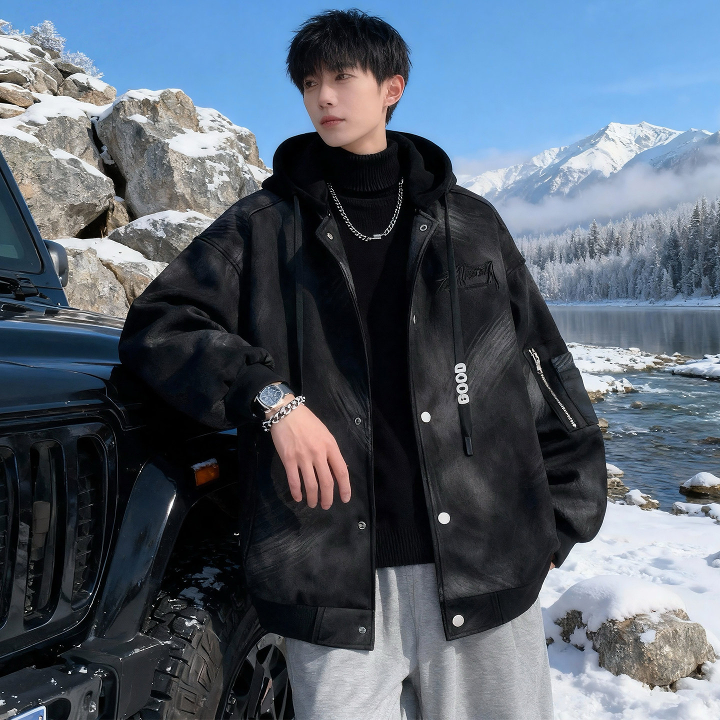 美式加绒夹克男生秋冬季新款青少年潮牌宽松加厚外套男装士上衣服