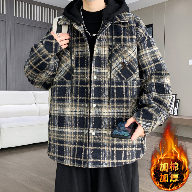 秋冬季新款加棉加厚外套男士青少年宽松连帽格子夹克上衣服休闲潮