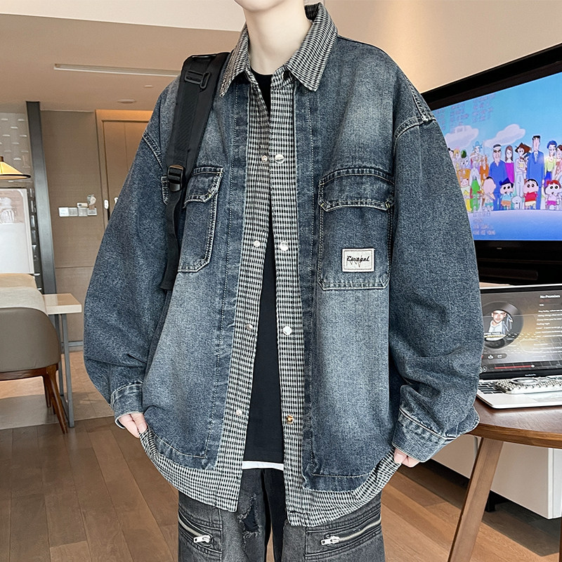 假两件牛仔外套男生春秋季新款青少年宽松衬衫夹克男装士潮流上衣