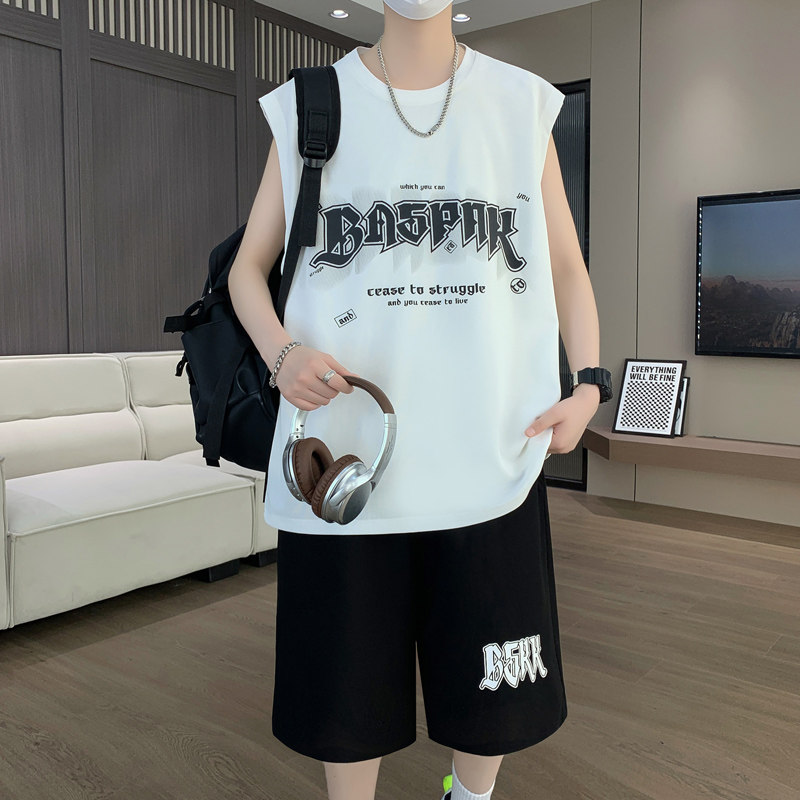 夏季新款无袖t恤男孩大童男装初高中学生运动青少年休闲背心套装