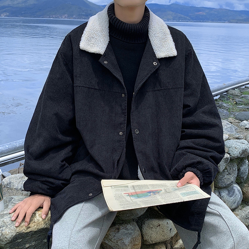 灯芯绒翻领外套男装秋冬季青少年潮牌衬衫式夹克加厚保暖棉衣男士