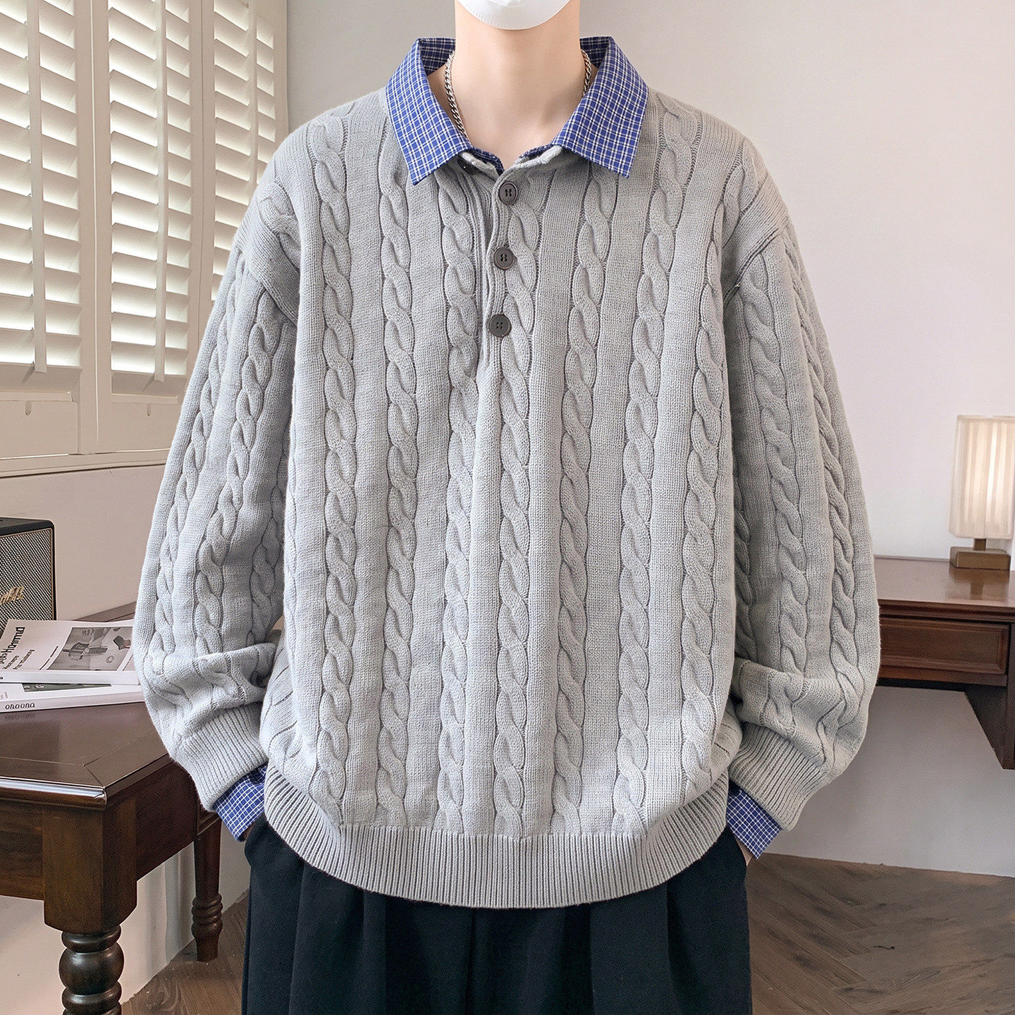 秋冬季假两件毛衣男孩青少年学生衬衫领线衣服大童男装打底针织衫
