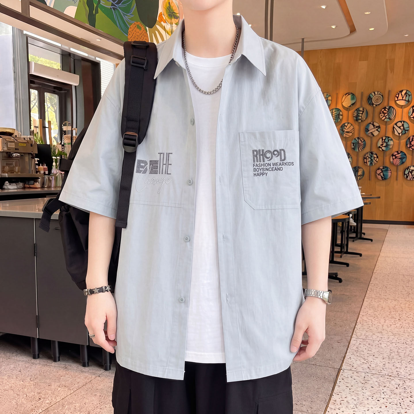 短袖衬衫男孩夏季薄款初高中学生青少年半袖透气衬衣服大童男装潮
