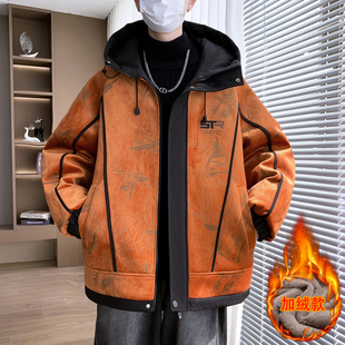 加绒加厚棉衣服男款秋冬季新款连帽外套潮牌青少年防寒棉袄男装士