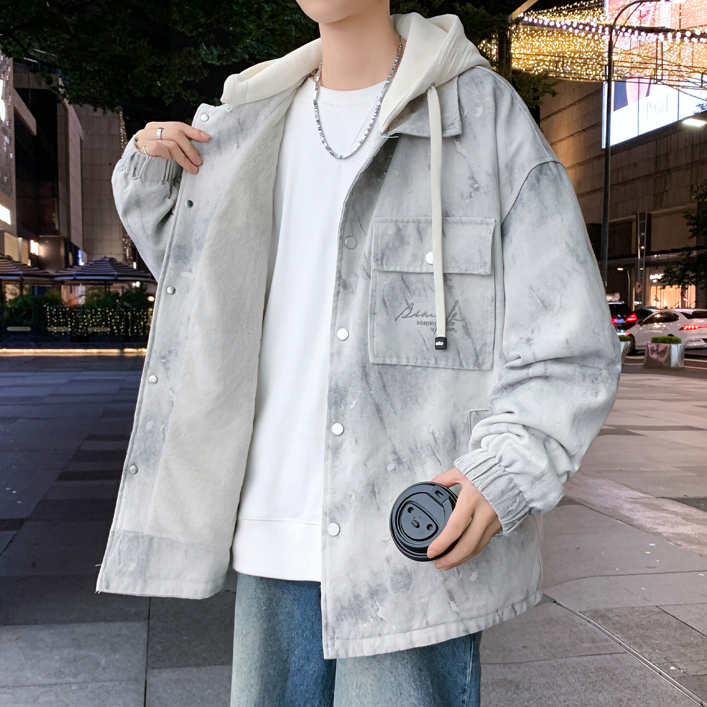 扎染外套男生秋冬季新款加绒加厚青少年初高中学生宽松夹克男装潮