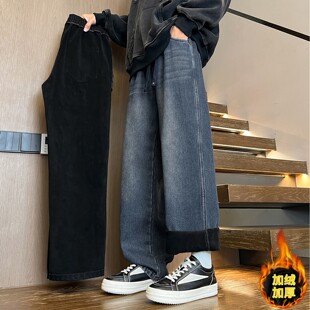 美式牛仔裤男生秋冬季新款学生加绒加厚休闲青少年阔腿长裤子男装