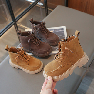 新款儿童软皮短靴女童靴子2025春秋男童潮单靴中大童软底马丁靴